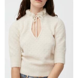 Ganni Short Sleeve Wool Knit Top in Egret/Off White Tie Closure Ruffle - Size XS